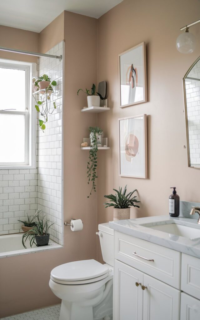 A photo of a Japandi + minimalist bathroom with walls painted in soft matte beige. There are two or three framed art pieces on the wall. The bathroom is fully furnished with a white vanity, a shower, a toilet, and a floating shelf. There are a few plants near the window. The natural light is even.
