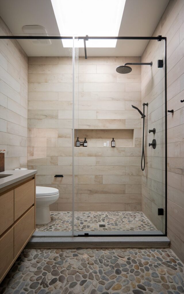 A photo of a Japandi-style bathroom with a minimalistic shower. The floor is covered with pebble tiles in soft earth tones, and the walls have large-format light wood tiles. The shower has a frameless glass enclosure, a black rainfall showerhead, and built-in niche shelving with essentials. The bathroom has a skylight ceiling, allowing soft, natural light to enter. There is a vanity, toilet, and other fixtures in the bathroom.