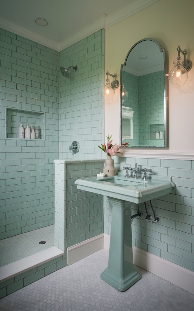 A photo of a modern Palm Beach-style bathroom with seafoam green tiles. The tiles are arranged in a traditional brick layout, covering the shower walls and backsplash. A porcelain pedestal sink with chrome cross-handle faucets is placed below a mirror with an arched frame. White wainscoting and hex floor tiles maintain the classic charm. The seafoam hue adds a gentle pop of personality. Soft lighting from glass sconces and floral accents in a ceramic vase give the space a fresh, traditional-meets-coastal appeal. The bathroom has no natural light.