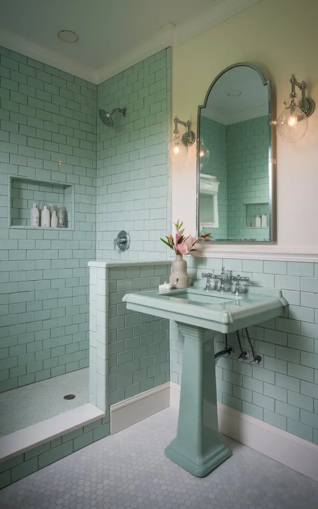 A photo of a modern Palm Beach-style bathroom with seafoam green tiles. The tiles are arranged in a traditional brick layout, covering the shower walls and backsplash. A porcelain pedestal sink with chrome cross-handle faucets is placed below a mirror with an arched frame. White wainscoting and hex floor tiles maintain the classic charm. The seafoam hue adds a gentle pop of personality. Soft lighting from glass sconces and floral accents in a ceramic vase give the space a fresh, traditional-meets-coastal appeal. The bathroom has no natural light.
