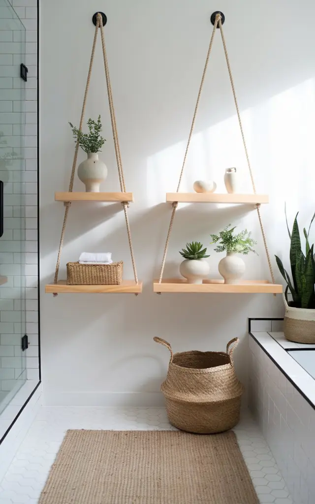 A photo of a bathroom with a Scandinavian-meets-traditional style. There are two rope-suspended wooden shelves against a crisp white wall. The shelves are made of light, natural wood and hold minimalist ceramics, woven baskets, and a few green plants in ceramic designer pots. The space combines sleek modern lines with cozy traditional touches, such as a woven wool rug and matte black fixtures. Soft natural light floods in, enhancing the airy, calm atmosphere that perfectly blends Scandinavian simplicity with timeless warmth and texture.
