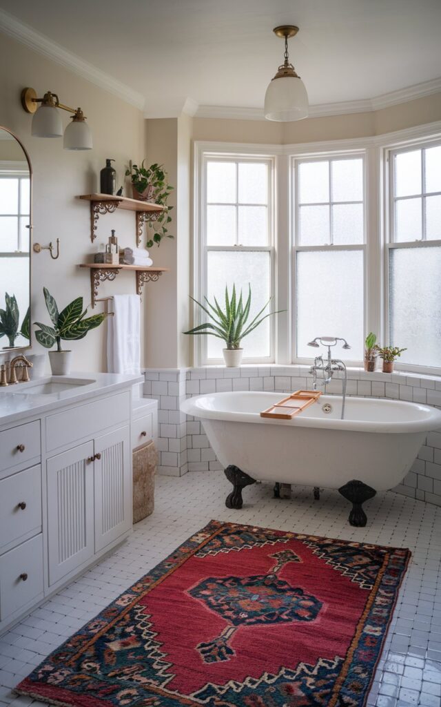 A photo of a modern Victorian white bathroom with a vintage patterned rug in rich jewel tones placed near a clawfoot bathtub. The rug introduces warmth and a splash of color, beautifully breaking up the all-white palette. Natural light filters through frosted windows, highlighting the blend of historic charm and modern sophistication. The bathroom has a vanity, open shelves, a ceiling pendant light, a few plants, etc.