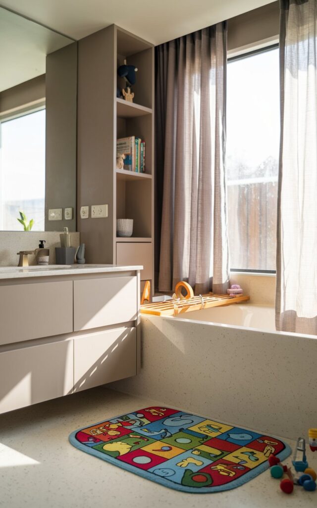 A photo of a modern bathroom with a playful, fun-patterned colorful kids' theme fluffy bath mat near a tub. The bathroom has a vanity, a curtained window, a bookshelf, and some rubber toys. The natural light is soft and ambient.