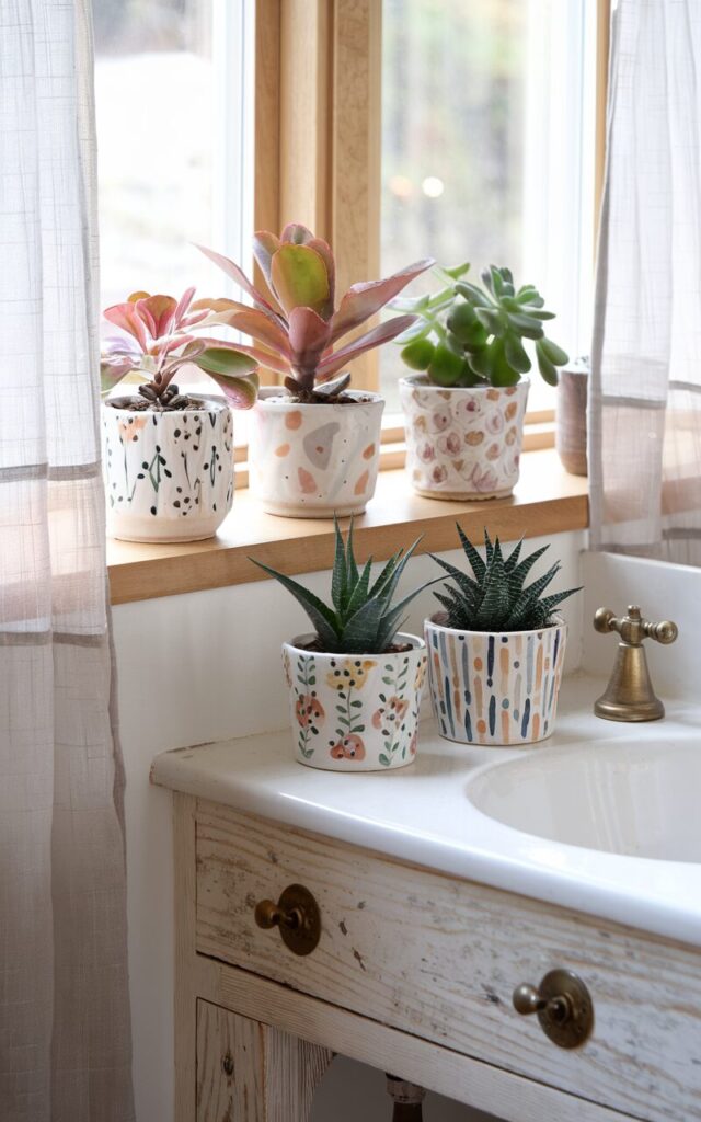 A photo of a modern cottagecore bathroom filled with charm and freshness. There are 3 to 4 small houseplants like pilea, mini succulents, and a petite calathea placed in colorful, patterned ceramic pots on a sun-drenched windowsill and along a wooden vanity. Each pot features mismatched but harmonious cottage-style designs—florals, dots, and hand-painted motifs in soft pastels and earthy tones. The vanity has a vintage touch with brass fixtures, while the rest of the space features light wood accents, sheer curtains, and a cozy, nature-inspired palette that blends modern simplicity with whimsical countryside warmth.