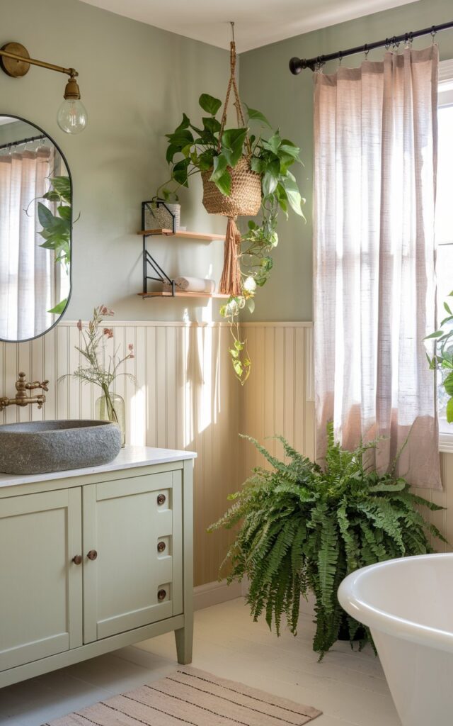 A modern cottagecore bathroom with soft, natural light streaming through a window draped in sheer linen curtains. Indoor plants like ferns, pothos, and peace lilies are placed strategically—one hanging in a woven basket near the shower, another trailing from a floating wooden shelf, and a potted fern beside the freestanding tub. The walls are a soft sage or warm cream, with beadboard paneling halfway up. The vanity is vintage-inspired with a stone sink and brass taps. Subtle floral accents, a cotton rug, and antique-style lighting add charm to the fresh, greenery-filled space.