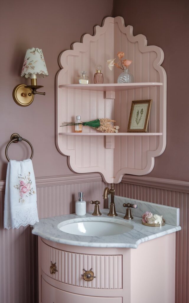 A photo of a modern cottagecore bathroom with a chic corner featuring a delicate, painted wood corner shelf unit above a vintage-style vanity. The shelf is pastel-toned with rounded edges, holding glass perfume bottles, a dried floral bundle, and a tiny framed botanical print. The vanity below has a marble top, antique-style gold faucet, and fluted drawer fronts. The walls are dusty rose with subtle beadboard detailing. A scalloped mirror, floral-patterned sconce, and lace-trimmed hand towel complete the cozy, romantic yet stylishly modern vibe.