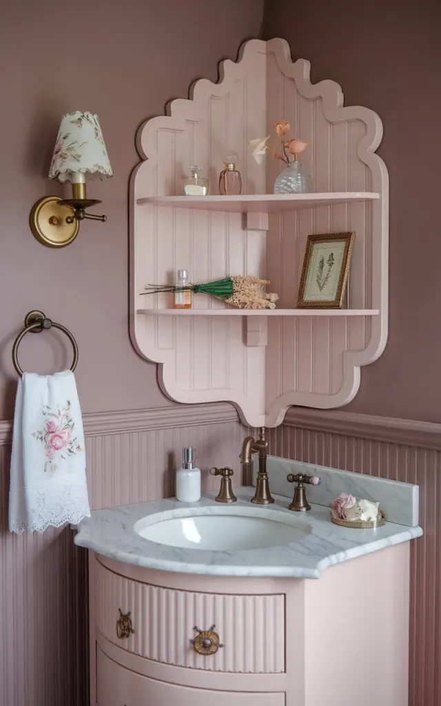 A photo of a modern cottagecore bathroom with a chic corner featuring a delicate, painted wood corner shelf unit above a vintage-style vanity. The shelf is pastel-toned with rounded edges, holding glass perfume bottles, a dried floral bundle, and a tiny framed botanical print. The vanity below has a marble top, antique-style gold faucet, and fluted drawer fronts. The walls are dusty rose with subtle beadboard detailing. A scalloped mirror, floral-patterned sconce, and lace-trimmed hand towel complete the cozy, romantic yet stylishly modern vibe.