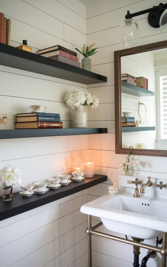 A modern craftsman meets cottagecore bathroom where matte black floating shelves create a bold, grounded contrast against crisp white shiplap walls. The shelves are sleek and squared-off—true to craftsman simplicity—yet styled with soft cottagecore accents stacked vintage books, hand-poured candles, and tiny floral teacups holding bobby pins or bath salts. A classic wood-framed mirror, a console sink with exposed plumbing, and brass or oil-rubbed bronze fixtures tie it all together. With warm natural light and subtle floral touches, the look is equal parts sturdy and storybook-charming.