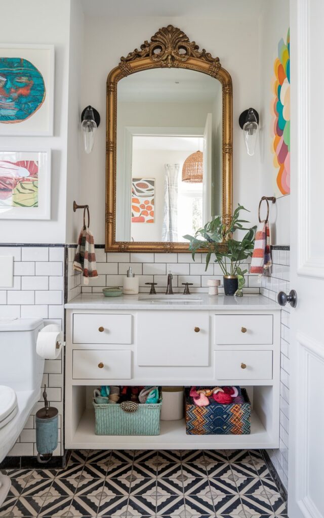 A photo of a modern eclectic bathroom with white walls and a mix of bold and subtle textures. At the center, a statement mirror is framed in antique gold, adding instant character and warmth. The space blends playful decor—like patterned tiles, quirky art, and colorful accents—with sleek modern fixtures. The gold mirror acts as a stylish focal point, tying the eclectic elements together with a touch of glam.