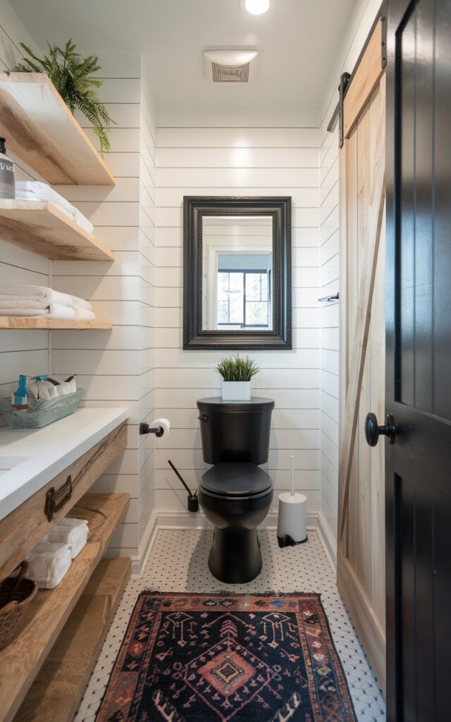 A photo of a modern farmhouse bathroom with a fresh twist. The room features a bold matte black toilet that adds an unexpected designer edge to the cozy, rustic setting. The shiplap walls are painted crisp white, and there is natural wood shelving. The room also contains oil-rubbed bronze fixtures. A sliding barn door, a vintage rug, and a black-framed mirror tie the look together. The contrast of sleek black against farmhouse textures adds character and elevates the room with a perfect balance of style and practicality.