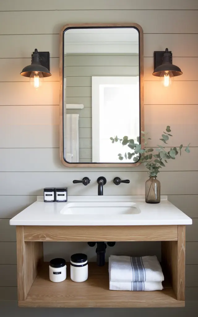 A photo of a modern farmhouse bathroom with a sleek wall-mounted unit that seamlessly combines a rectangular mirror and a built-in wooden shelf beneath. The frame is made of lightly stained wood with clean, straight lines, offering both charm and functionality. The shelf holds small enamel jars, a sprig of eucalyptus in a vintage glass bottle, and a neatly folded hand towel. The wall behind is shiplap in a dove gray. A matte black faucet and barn-style sconces (warm light on) flank the mirror, blending rustic farmhouse details with a clean, modern edge.