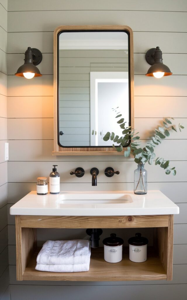 A photo of a modern farmhouse bathroom with a sleek wall-mounted unit that seamlessly combines a rectangular mirror and a built-in wooden shelf beneath. The frame is made of lightly stained wood with clean, straight lines, offering both charm and functionality. The shelf holds small enamel jars, a sprig of eucalyptus in a vintage glass bottle, and a neatly folded hand towel. The wall behind is shiplap in a dove gray. A matte black faucet and barn-style sconces (warm light on) flank the mirror, blending rustic farmhouse details with a clean, modern edge.