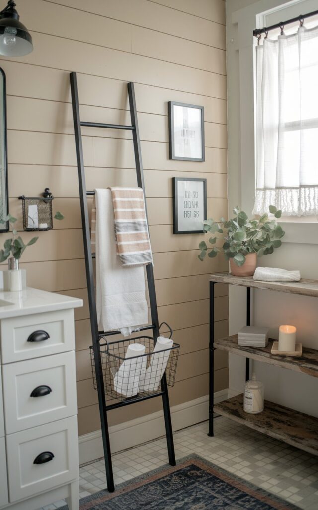 A photo of a modern farmhouse bathroom with clean lines and rustic charm. A slim, matte black wall ladder leans against a beige shiplap wall beside a vanity. A couple of hand towels in neutral tones (white, beige, or striped linen) are neatly draped over the rungs, along with a wire basket clipped to hold rolled magazines or bath essentials. The space features black hardware, a vintage rug, and soft natural lighting filtering through a farmhouse window with simple sheer curtains. Decor accents include a potted eucalyptus plant, framed quotes, and a candle on a reclaimed wood shelf.