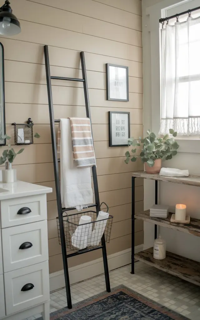 A photo of a modern farmhouse bathroom with clean lines and rustic charm. A slim, matte black wall ladder leans against a beige shiplap wall beside a vanity. A couple of hand towels in neutral tones (white, beige, or striped linen) are neatly draped over the rungs, along with a wire basket clipped to hold rolled magazines or bath essentials. The space features black hardware, a vintage rug, and soft natural lighting filtering through a farmhouse window with simple sheer curtains. Decor accents include a potted eucalyptus plant, framed quotes, and a candle on a reclaimed wood shelf.
