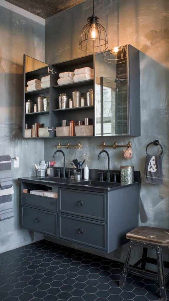 A photo of a modern industrial bathroom with a floating vanity. The vanity has mirrored cabinets on top, filled with towels, toiletries, apothecary-style jars, and metal tins. The cabinet door has everyday makeup essentials hooked onto brass hooks. The wall is a textured gray plaster wall, paired with charcoal hexagon floor tiles. Overhead, a black cage pendant light casts a warm glow. A vintage stool in distressed wood is placed near the vanity. The overall atmosphere is edgy yet refined.