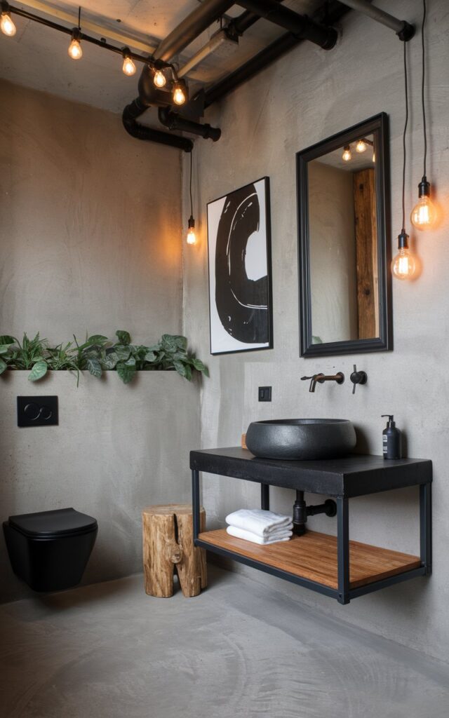 A photo of a modern industrial bathroom with a smooth stone gray wall, raw concrete textures, a black-framed mirror, and exposed pipe fixtures. There is a minimalist black-and-white abstract art piece above a floating vanity with a matte black basin. Warm wood accents, such as a rustic stool and open shelving, are present. A touch of greenery in a concrete planter adds life. Ambient lighting from exposed filament bulbs casts a cozy glow, balancing serenity with industrial flair.