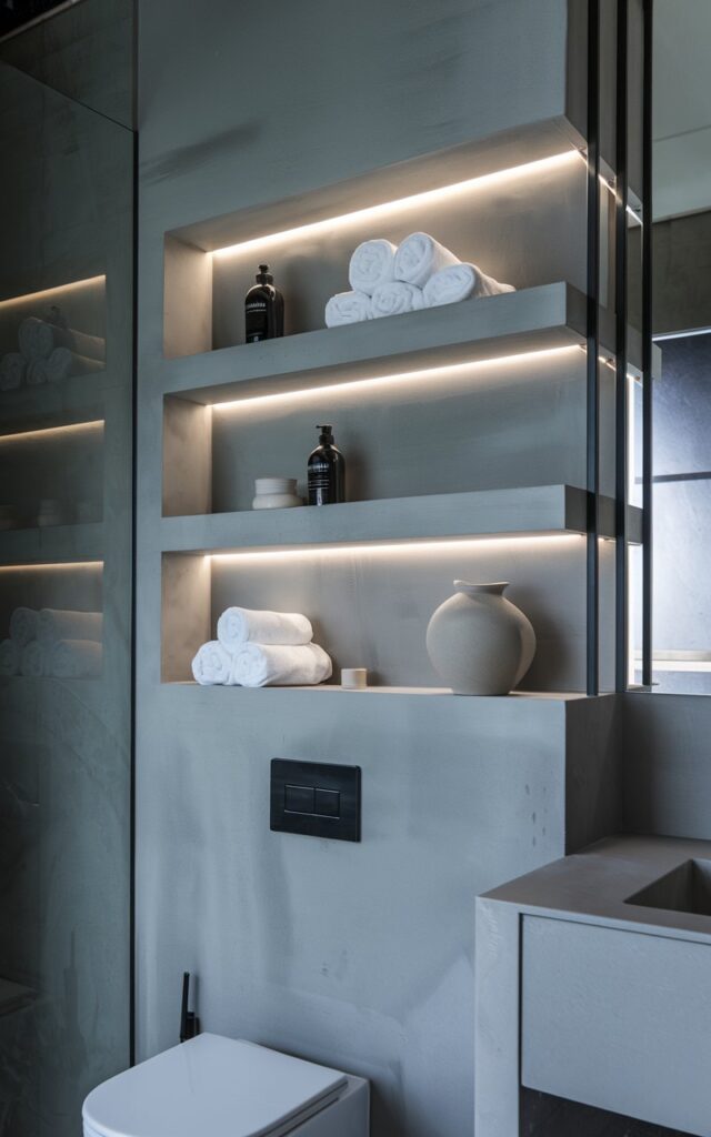 A photo of a modern minimalistic bathroom with a smooth, matte concrete wall. The wall has recessed shelving with hidden LED strips for lighting. The shelves are neatly arranged with rolled towels, neutral-toned bottles, and a ceramic vase. The overall space is cool and monochrome, with sleek lines and seamless surfaces. The LED-lit shelves blend seamlessly with the wall. The bathroom also contains a vanity and a toilet.