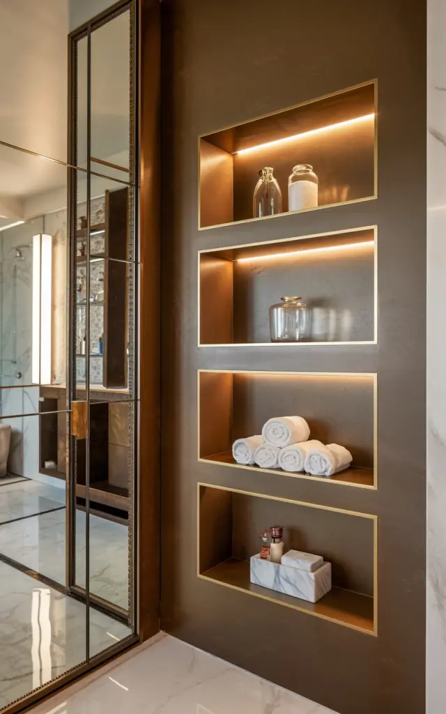 A photo of a modern regal bathroom with sleek recessed shelves built seamlessly into a rich-toned wall. The niches are trimmed with gold or brass inlay, adding a touch of opulence. Inside, minimalist glass jars, rolled plush towels, and marble containers are symmetrically arranged for an ultra-polished look. The surrounding space includes a statement mirror with an elegant metallic frame, marble floors, and high-end finishes. Warm lighting within each niche casts a soft glow, creating a luxurious yet tailored atmosphere that feels both contemporary and majestic.