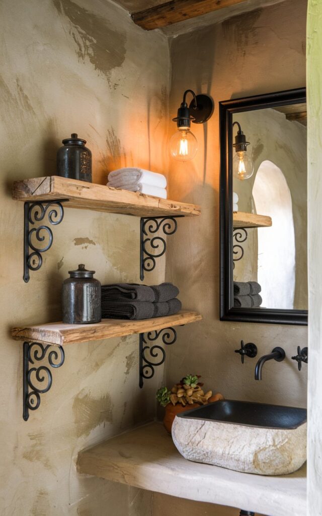 A photo of a modern rustic bathroom with a textured, matte plaster wall. There is a reclaimed wood shelf mounted with ornate black metal brackets. The shelf holds vintage apothecary jars, folded charcoal towels, and a small terracotta planter. There is a black-framed mirror, iron light fixtures with warm light, and a natural stone sink. The bathroom has soft lighting and earthy textures.