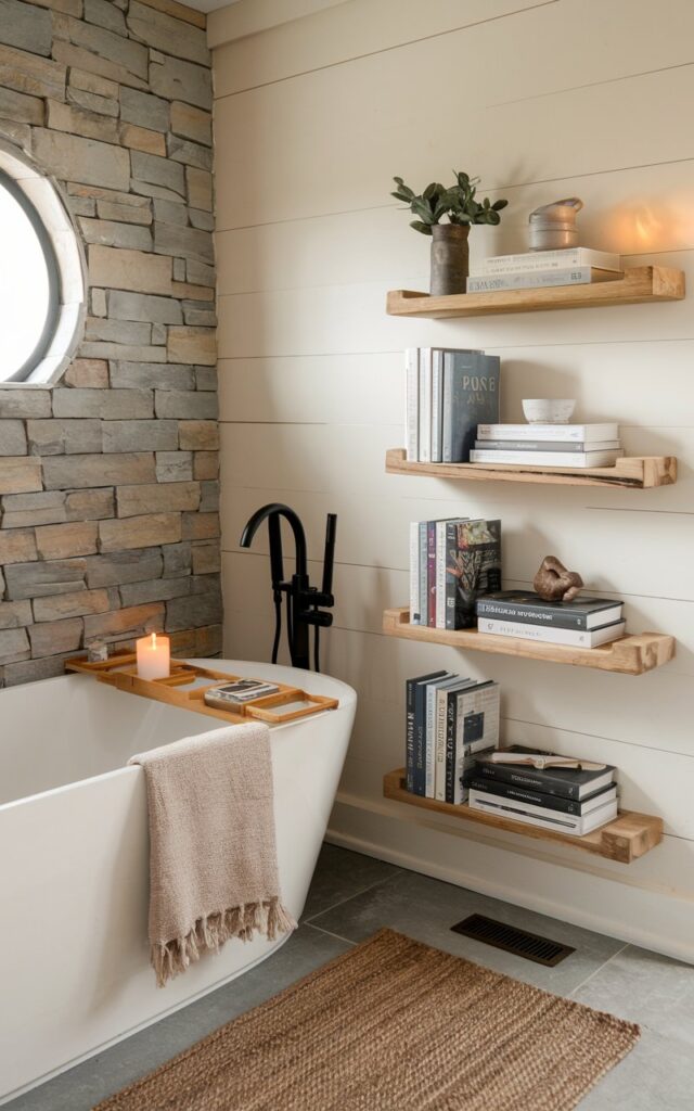 A photo of a modern rustic bathroom with a deep soaking tub nestled against a textured stone or shiplap wall. Beside the tub, a small wooden bookshelf holds a curated mini library of design books, poetry collections, and a few well-worn novels. The shelf is crafted from reclaimed wood, complementing the warm, natural tones of the space. Earthy textures like a jute rug, linen towels, and black metal accents bring in the rustic vibe, while clean lines and minimal clutter keep it feeling modern. A small ceramic cup, candle, and cozy throw complete the perfect reading nook.