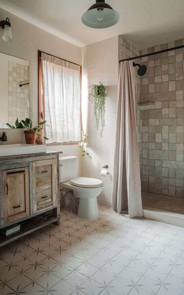 A photo of a modern rustic bathroom with earthy textures and soft white tones. The tile floor features a hand-stenciled pattern of delicate white stars. There is a weathered wood vanity, a toilet, a shower area with a matte black fixture, and a linen curtained window. There are also plants and a ceiling pendant light.