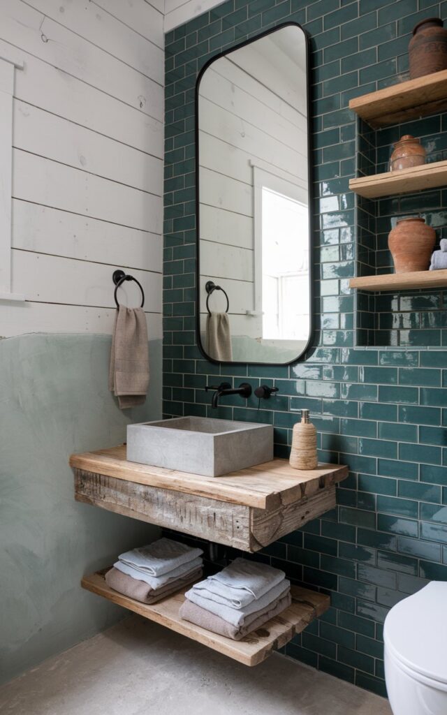 A photo of a modern rustic bathroom with one statement wall covered in glossy bottle green tiles. The remaining walls feature white shiplap and light gray plaster. There is a reclaimed wood vanity with a concrete basin and matte black fixtures. The green tile wall sits behind a frameless mirror and open shelving with earthy décor like clay jars and folded linen towels. Natural textures—stone, wood, and metal—anchor the look.