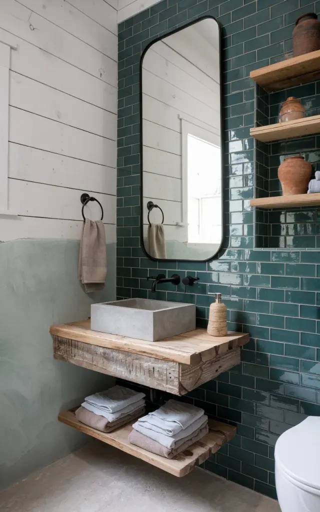 A photo of a modern rustic bathroom with one statement wall covered in glossy bottle green tiles. The remaining walls feature white shiplap and light gray plaster. There is a reclaimed wood vanity with a concrete basin and matte black fixtures. The green tile wall sits behind a frameless mirror and open shelving with earthy décor like clay jars and folded linen towels. Natural textures—stone, wood, and metal—anchor the look.