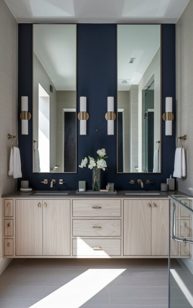 A photo of a modern, stylish bathroom with a navy blue feature wall directly behind a floating vanity. The vanity has light wood cabinetry and a stone countertop, with a flower vase and minimalist fixtures. The deep navy backdrop makes the mirrors, sconces, and accessories pop. The space has clean lines, subtle lighting, and metallic accents, with natural light filtering in.