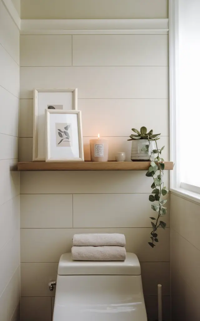 A photo of a modern, well-lit bathroom with a neutral color palette of white, beige, and light gray. Above the toilet, a sleek wooden floating shelf is mounted on the wall. On the shelf, there are two small framed art prints with a minimalist design, a scented candle in a ceramic holder, and a small potted plant with green leaves. The toilet below is clean and minimal, with soft towels neatly folded on top. The overall vibe is calm, stylish, and spa-like with subtle decorative touches. Natural light is gently coming in through a nearby window.