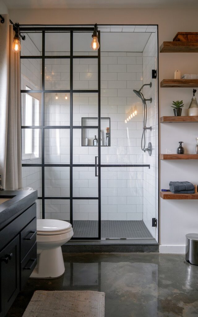 A photo of a neo-industrial bathroom with a sleek black-framed glass shower door with grid-style panes. The shower is lined with large white tiles and matte black fixtures for a clean, graphic contrast. Polished concrete floors, raw wood shelving with essentials/decor/plants, and exposed bulb lighting bring in modern industrial elements with a refined twist. The overall vibe is edgy yet elevated—minimalist in palette, but rich in texture and urban sophistication. The bathroom has a vanity, a toilet, curtained window, floor rug, etc.