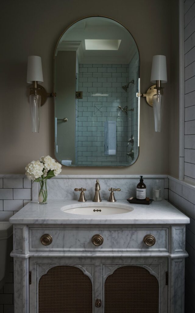A photo of a Gustavian style bathroom with a marble white vanity and a brushed brass faucet. The vanity is placed near the window. There is a mirror with sconces on either sides of the vanity. The bathroom is fully furnished with a toilet, a bathtub, and a shower. The lighting is soft and dim.