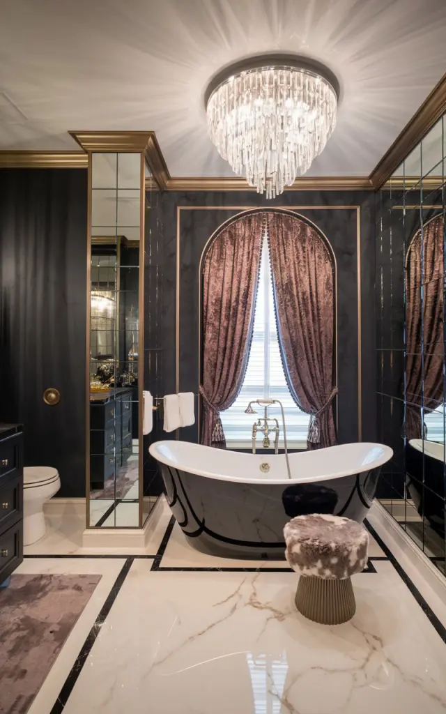A photo of a Hollywood Glam bathroom with a black-and-white marble floor and a sleek, sculptural freestanding tub in glossy white or black lacquer. Suspended directly above the tub is an oversized chandelier, casting shimmering light throughout the space. The walls are rich and moody, painted in deep charcoal or blush with mirrored accents and metallic gold trim. There is a plush velvet curtained window, a faux fur stool, and a gold-framed floor mirror. The room also has a vanity, a toilet, and a floor rug.