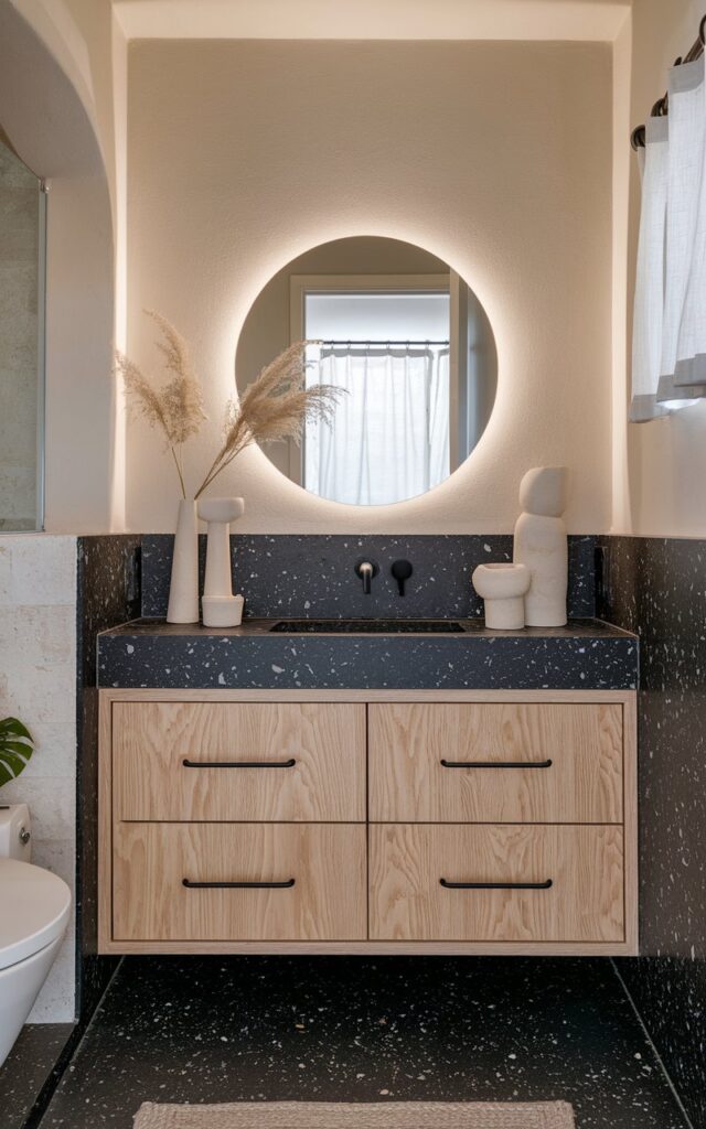 A photo of a Japandi-chic bathroom with a minimalist design. The room features a sleek black terrazzo countertop with delicate white flecks, a light oak vanity base with clean, flat-panel drawers, and simple black hardware. The walls are soft beige, and there is a round backlit mirror and ceramic vessels with organic forms. The terrazzo adds visual interest and contrast, blending Japanese simplicity and Scandinavian warmth in a modern, curated space. The space also has a toilet, shower area, a curtained window, a floor rug, and a few plants. Natural light is not there.