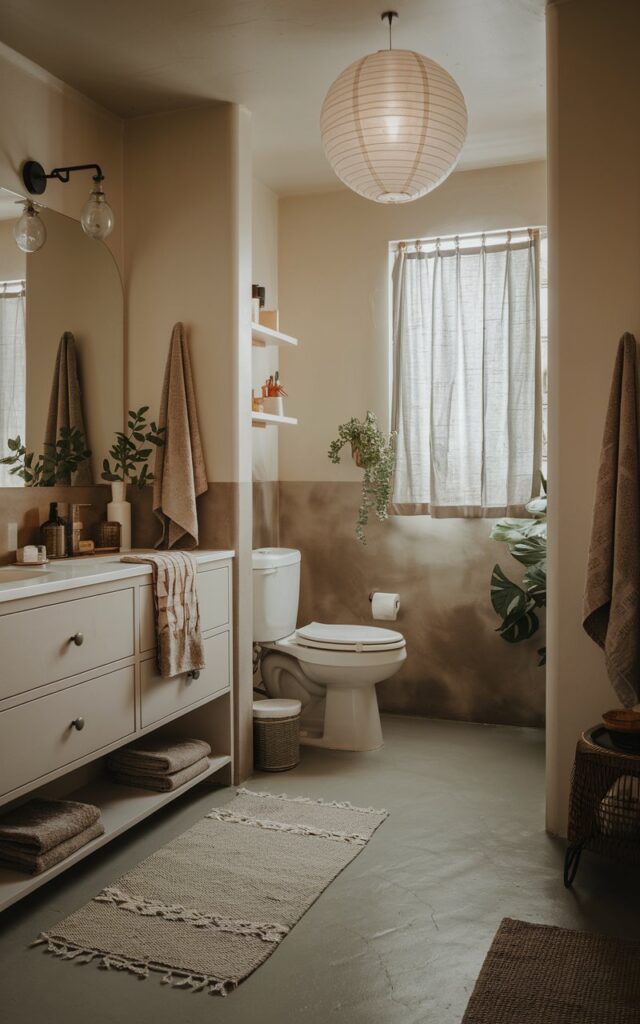 A photo of a Japandi-style bathroom with a serene, tone-on-tone palette. The walls, vanity, towels, and flooring are all warm whites, earthy taupes, and smoky greys. The room has a paper lantern (with light on) hanging from the ceiling. The bathroom is fully furnished with a vanity, a toilet, a curtained window, a textured rug, and a few plants. Natural light is ambient, soft.