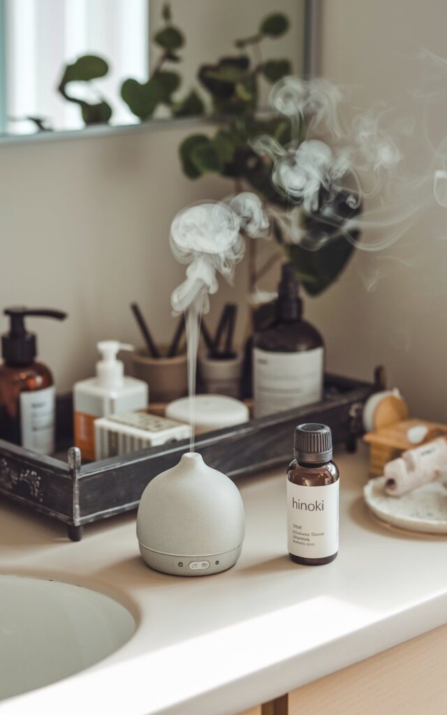 A photo of a Japandi-style bathroom with a small ceramic or stone diffuser placed on a vanity. The diffuser is gently releasing wisps of aromatic vapor into the air. Nearby sits a bottle labeled "Hinoki" in minimalist packaging. The soft steam glows in natural light, enhancing the calming atmosphere. The vanity has other essential items, decor, plant, etc, neatly arranged in a decorative wooden tray. The background contains a plant and a few decor items.