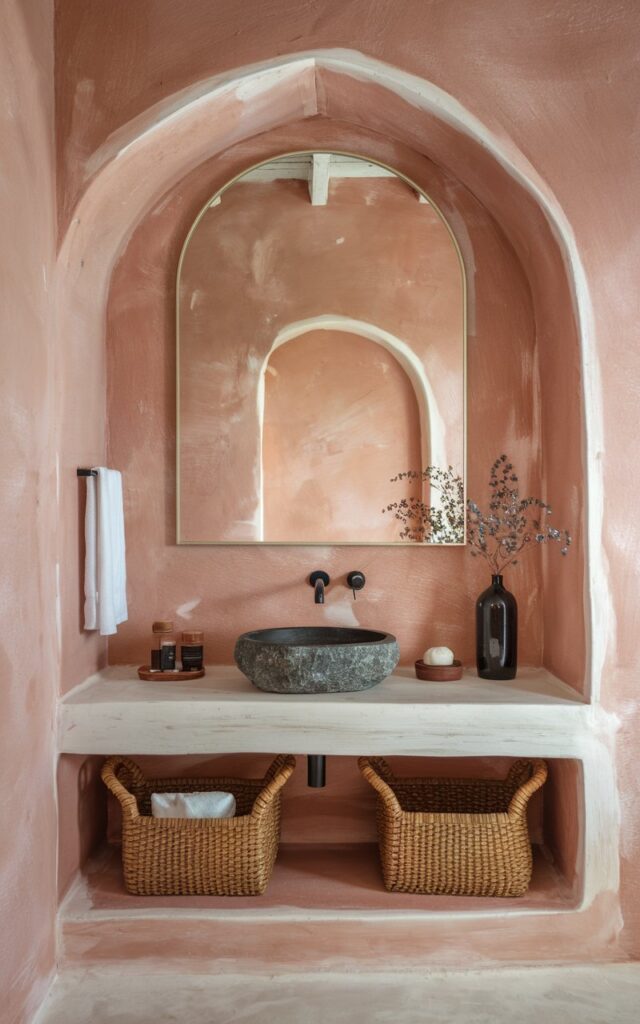 A photo of a Japandi-style bathroom with warm pink-toned tadelakt-coated walls. The wall is paired with a modern vanity with a mirror, stone sink, and minimal decor. The vanity is fully furnished with essentials and accessories. The result is a serene, spa-like space where the walls become a soft, tactile canvas of understated luxury.