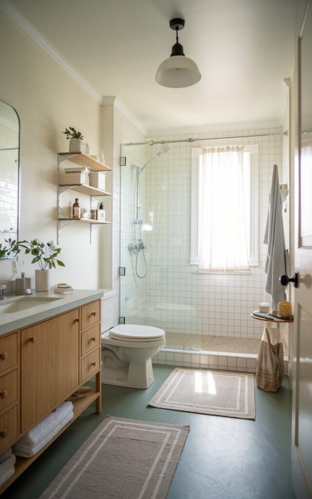 A photo of a beautiful, minimalistic bathroom with a clean, open look and a clutter-free design. The bathroom is fully furnished with a wooden vanity, a toilet, open shelves with essentials, a glass door shower area, a curtained window, a floor rug, a ceiling pendant light, etc. The natural light is soft and ambient.