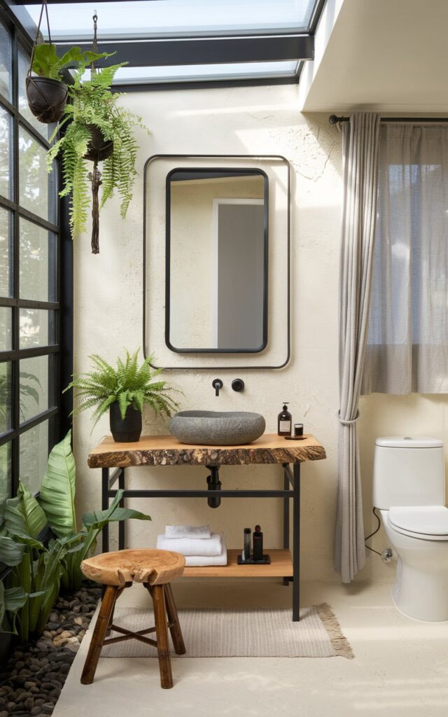A photo of a calming, nature-inspired bathroom with a sleek black metal-framed vanity mirror mounted on a soft white or stone-textured wall. There are a few hanging plants, a potted fern on the vanity. Natural materials like a bamboo stool, stone sink basin, and live-edge wood accents warm up the minimalist design. Large windows or skylights bathe the room in sunlight, while the clean black frame adds a crisp, modern contrast. The bathroom has a vanity, a toilet, floor rug, curtained window, etc. The walls, floors, fixtures, and decor are styled using shades of black, white, or a combination of both.