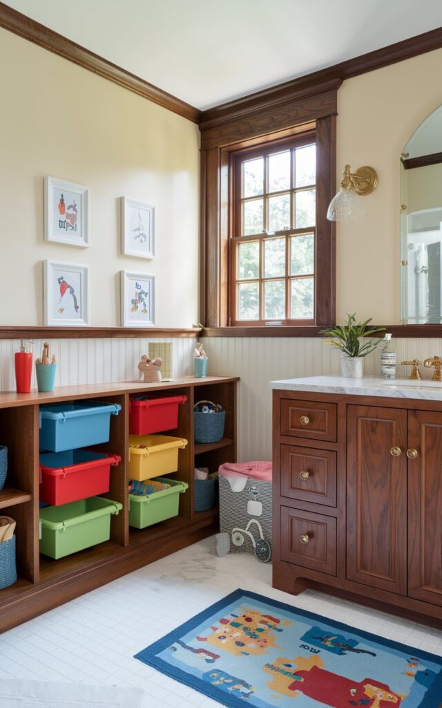 A photo of a charming Craftsman-style kids' bathroom with rich woodwork and clean lines. There is a built-in toy cubby cleverly integrated beside a solid wood vanity with shaker-style cabinet doors. The cubby holds neat, water-safe bins in bright primary colors that complement the warm wood finishes. The walls are painted in a soft cream shade with classic beadboard wainscoting and kids frame art. The floor has a kids-theme rug. Brass fixtures add a touch of elegance, while natural light pours in through a mullioned window, highlighting the blend of handcrafted detail and kid-friendly practicality.
