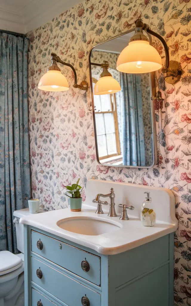 A photo of a charming English Countryside bathroom with floral wallpaper, vintage brass fittings, and a porcelain sink resting on a painted wood vanity. On either side of the framed mirror, classic vanity lights (amber yellow light on) with adjustable swing arms extend gracefully, allowing the warm glow to be directed exactly where needed. The aged metal finish and soft white shades blend beautifully with the room’s cozy, lived-in feel. The bathroom also has a toilet. No natural light.