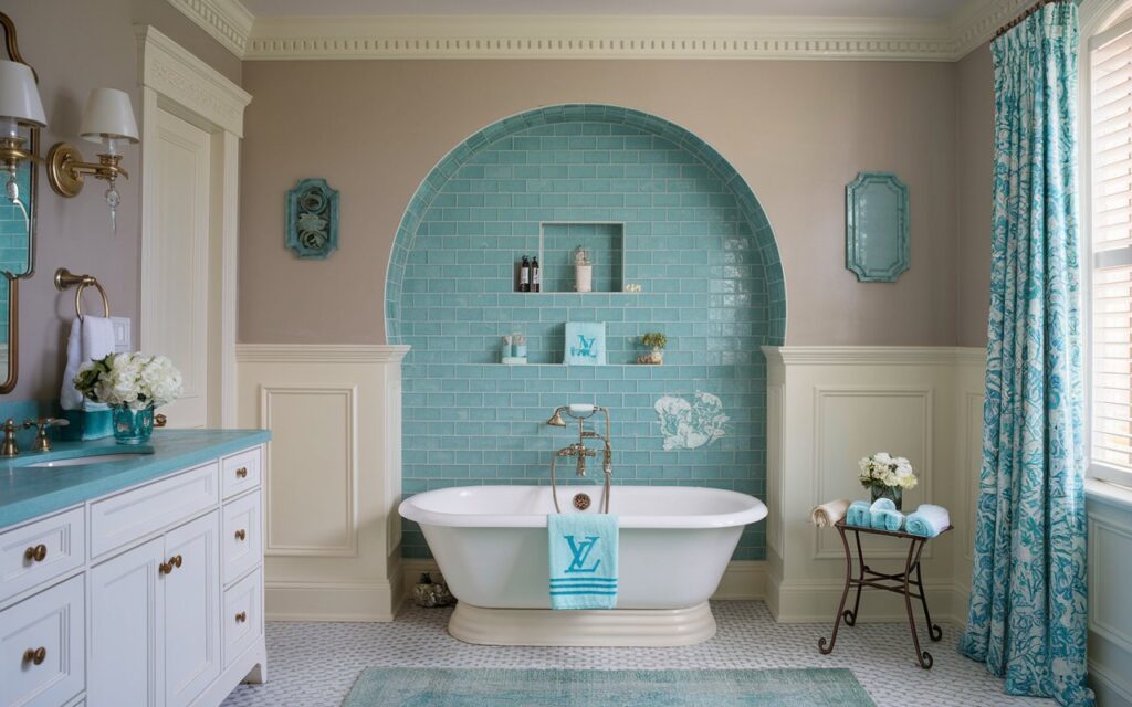 A photo of a charming Southern traditional bathroom with a recessed shelf highlighted with vibrant turquoise tile. The shelf is beautifully placed above the bathtub and serves as a storage and decor space. The turquoise tile creates a cheerful pop against the soft neutral walls. The space features classic elements like wainscoting, crown molding, and polished brass fixtures, with graceful curves and antique-inspired details. The turquoise tile adds a fresh, unexpected twist, evoking Southern hospitality with a splash of personality. Paired with monogrammed towels and a floral arrangement, the shelf becomes both functional and elegantly eye-catching. Different shades of blue are accented into vanity, walls, floor rug, and curtain.