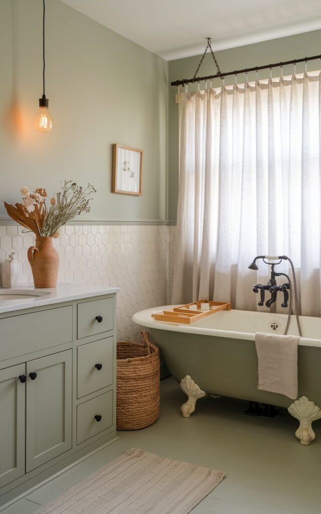 A photo of a cottagecore minimalistic bathroom with a soft, harmonious color palette of sage green and cream. The walls have hexagonal cream tiles and a framed art. The sage cabinetry and black knobs add subtle contrast. A freestanding vintage-style tub with cream claw feet sits beneath a sheer white curtain. Woven baskets, a linen shower curtain, pendant light (Warm light on), and dried flowers in a ceramic vase enhance the gentle, rustic charm. The space feels airy and uncluttered, with shaker-style details, minimal hardware, and warm wood flooring grounding the overall serene, nostalgic vibe.