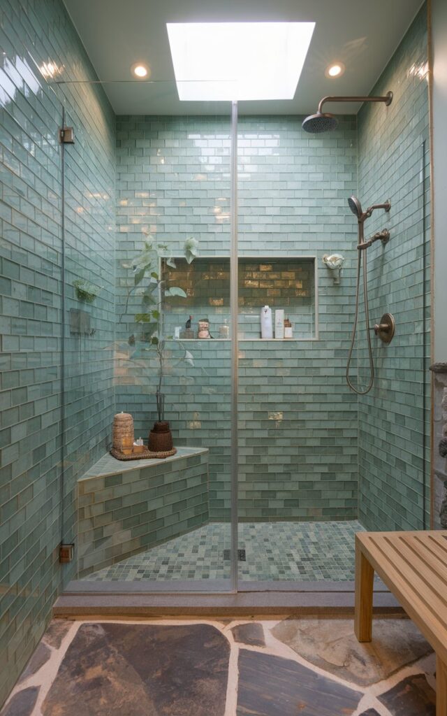 A photo of a lush, biophilic-inspired bathroom with a full-height shower (with frameless glass door) surround wrapped in glossy jade green tiles. The tiles extend from floor to ceiling. A skylight above the shower lets in daylight. Recessed shelves with essentials. The rest of the bathroom features natural stone flooring, bamboo accessories, and a teak wood bench. A rainfall showerhead and soft ambient lighting enhance the spa-like, nature-connected vibe.