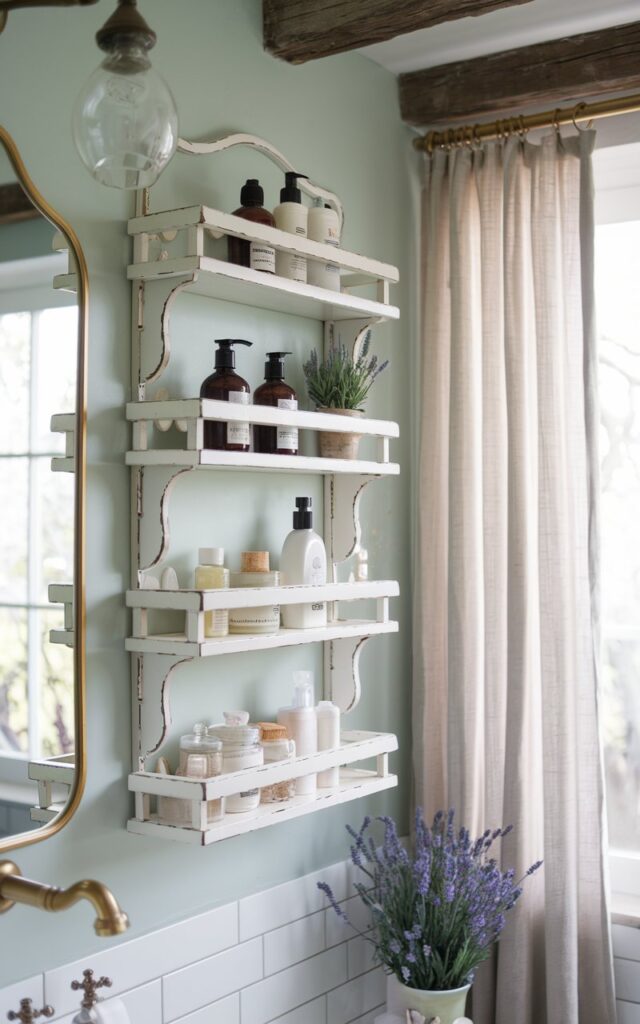 A photo of a modern French country bathroom with a pastel-toned wall. There are elegant distressed white spice racks repurposed as compact shelves mounted on the wall. The shelves hold neatly arranged toiletry bottles, small potted lavender, and vintage glass jars with soaps. There are rustic wooden beams and subtle gold accents in the bathroom. Natural light floods the space through a large window draped with light linen curtains. The bathroom blends refined countryside charm with modern simplicity for chic, practical storage.