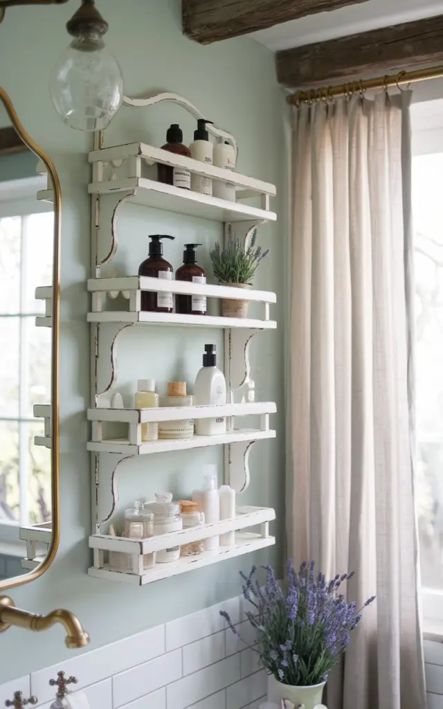 A photo of a modern French country bathroom with a pastel-toned wall. There are elegant distressed white spice racks repurposed as compact shelves mounted on the wall. The shelves hold neatly arranged toiletry bottles, small potted lavender, and vintage glass jars with soaps. There are rustic wooden beams and subtle gold accents in the bathroom. Natural light floods the space through a large window draped with light linen curtains. The bathroom blends refined countryside charm with modern simplicity for chic, practical storage.
