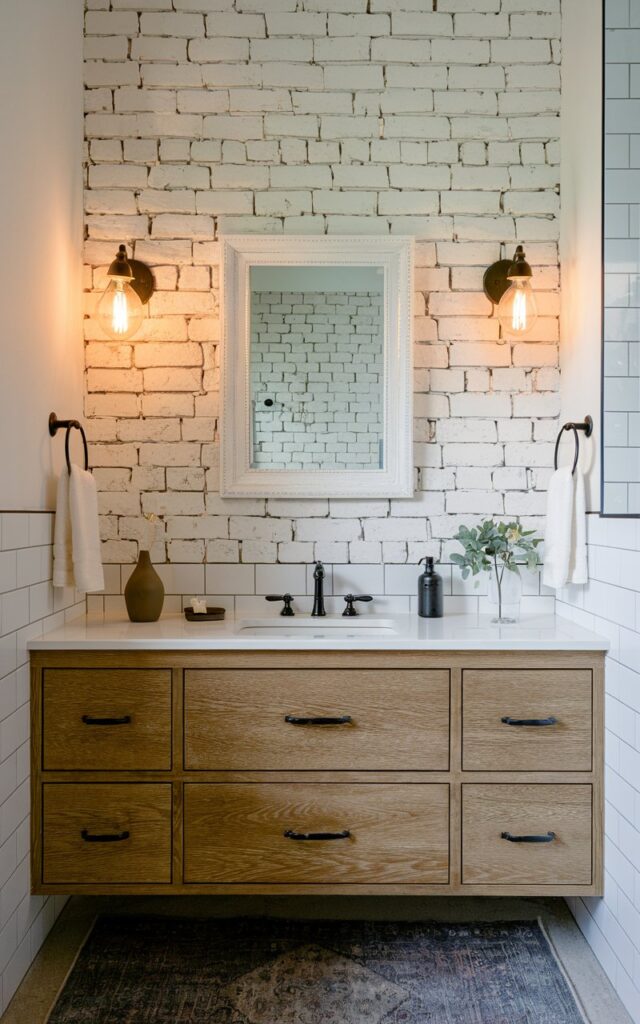 A photo of a modern rustic white bathroom with a DIY white-painted brick wall. The slightly uneven brick surface is visible through the paint, adding raw texture and character to the space. The bathroom features a sleek wood vanity with a framed mirror, wall scones (Warm light) on either sides, and a black faucet. The walls are adorned with a few decorative items, including a vase and a small plant. The floor is covered with a rug. The overall design of the bathroom blends warmth, modernity, and rugged charm. Natural light is soft, ambient.