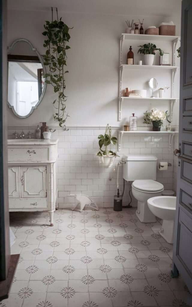 A photo of a romantic French country bathroom with soft, white-on-white floral encaustic tiles underfoot. The tiles add delicate pattern without overwhelming the serene palette. The matte finish and subtle texture lend an old-world charm that feels both refined and lived-in. The bathroom is fully furnished with functional elements such as a vintage vanity, a scalloped-edge mirror above the vanity, a toilet, open shelves with essentials, a few plants. The natural light is soft and ambient.
