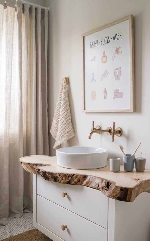 A photo of a serene Japandi-meets-farmhouse kids' bathroom with calming neutral tones and a perfect blend of minimalism and rustic warmth. On the wall, a beautifully illustrated "brush-floss-wash" routine chart hangs in a light wood frame, featuring simple hand-drawn icons and muted pastel colors. The chart is both functional and artistic, helping little ones remember their routine while complementing the room's clean design. The vanity is crafted from raw-edge oak with a white basin, paired with brushed brass fixtures. Soft linen curtains, handmade ceramic cups for toothbrushes, and a woven bathmat complete the peaceful, purposeful look. Show close/straight view of the chart.