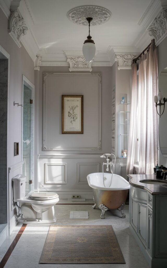 A photo of a sophisticated European-style bathroom with soft gray walls and a European framed art. The room features ornate white crown molding and classic wainscoting. There is a vintage-inspired clawfoot tub, polished chrome fixtures, and a marble countertop. The bathroom has a toilet, shower area, floor rug, and a ceiling pendant light. Soft natural light filters through sheer curtains, highlighting the elegant details and creating a serene atmosphere.