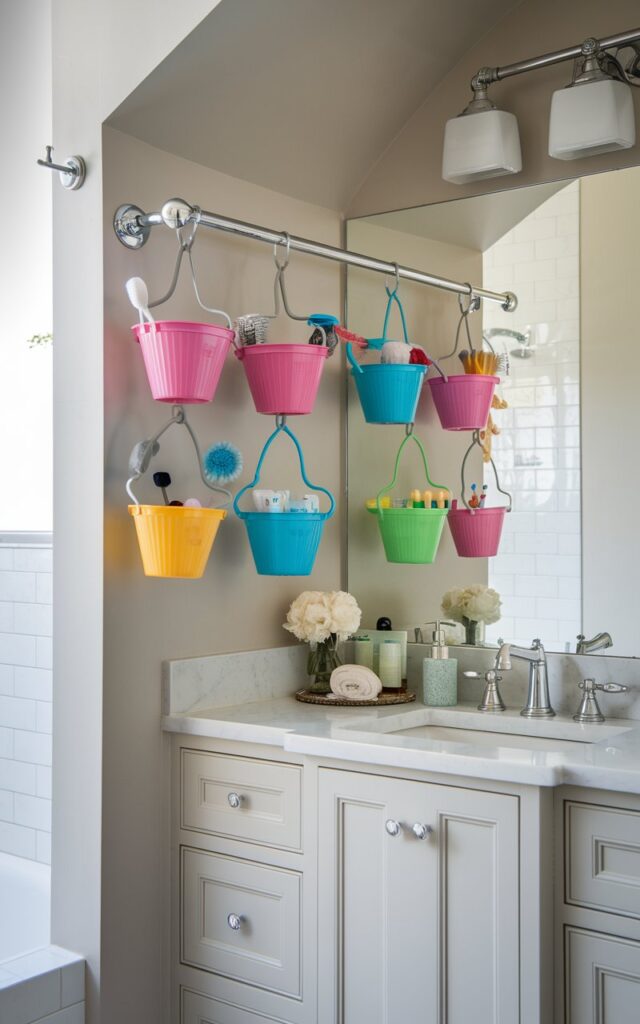 A photo of a transitional-style bathroom with a sturdy tension rod across an alcove. There are 4-5 small hanging plastic colorful buckets clipped on the rod for kid supplies like bath toys, brushes, and bubbles. The space balances classic and modern elements with neutral tones, simple cabinetry, and chrome fixtures. Practical yet stylish, this setup keeps kid essentials organized and within reach while blending seamlessly into the overall calm, functional design. The bathroom is fully furnished with essentials and well-decorated.